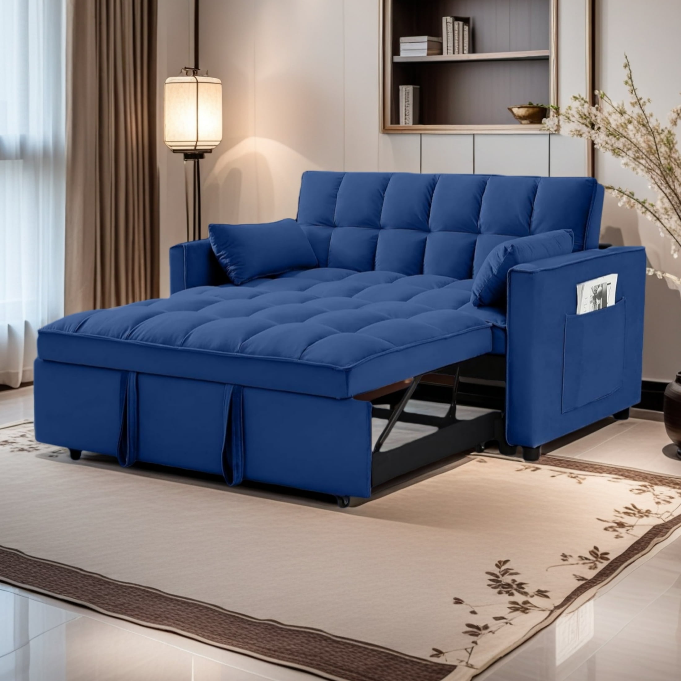 Avobird 3 in 1 Convertible Sleeper Futon Sofa Bed, 55" Pull Out Sofa Bed with Storage Pocket/Side Pocket/2 Pillows for Living Room, Blue
