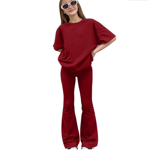 lnmuld Girls Solid Color 2Pcs Outfit, Oversized Short Sleeve T-Shirt & Flare Pants Set Color:RD2,Size:11-12 Years