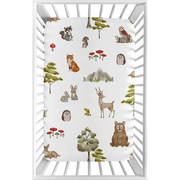 Sweet Jojo Designs Watercolor Woodland Forest Animals Green Brown White Mini Fitted Crib Sheet