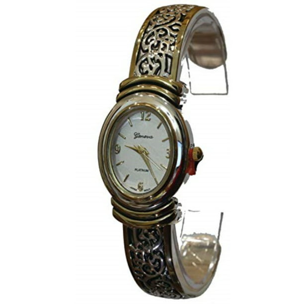geneva platinum womens oval face bangle watch, silver/gold