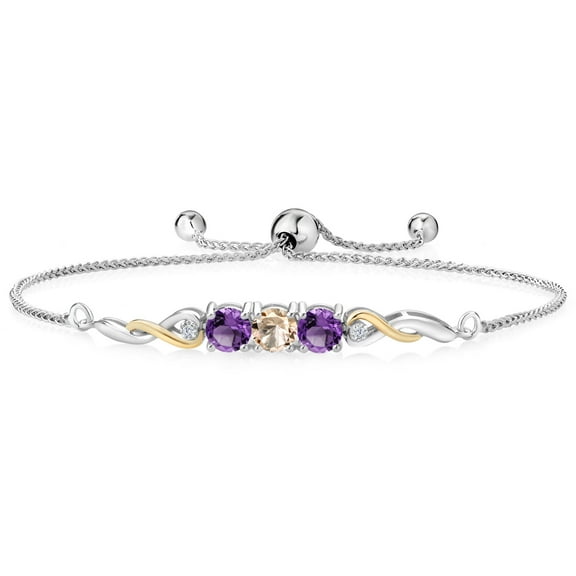 925 Sterling Silver and 10K Yellow Gold Peach Morganite Purple Amethyst and White Lab Grown Diamond Tennis Bracelet for Women (1.37 Cttw, Gemstone October Birthstone, Fully Adjustable up to 9 inch)