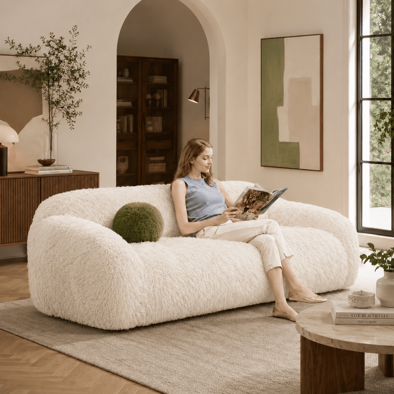 Aenkyo 84 Inch Plush Faux Fur Sofa, 25 Inch Deep Seat 3-Seater Couch with Ball Pillow, Sand