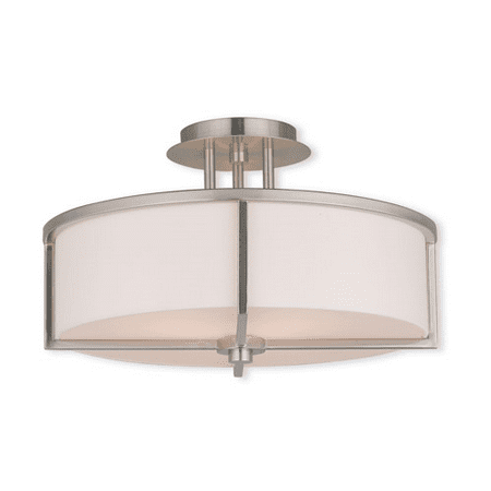 

Flush Mounts 3 Light With Hand Crafted Off-white Fabric Hardback Shade Brushed Nickel size 16 in - World of Crystal