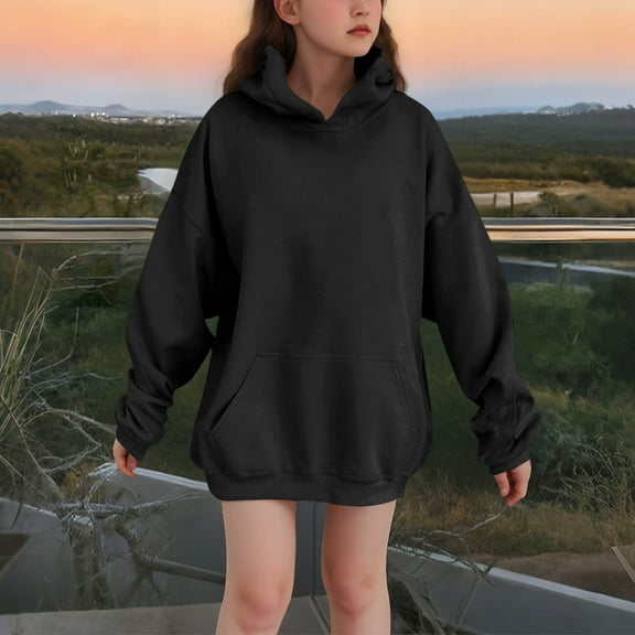 Unisex Kids Clothes Girls Jumper Fleece Hoodies Children Sweatshirt Hooded Pullover Long Sleeve Top Black 5-6 Years