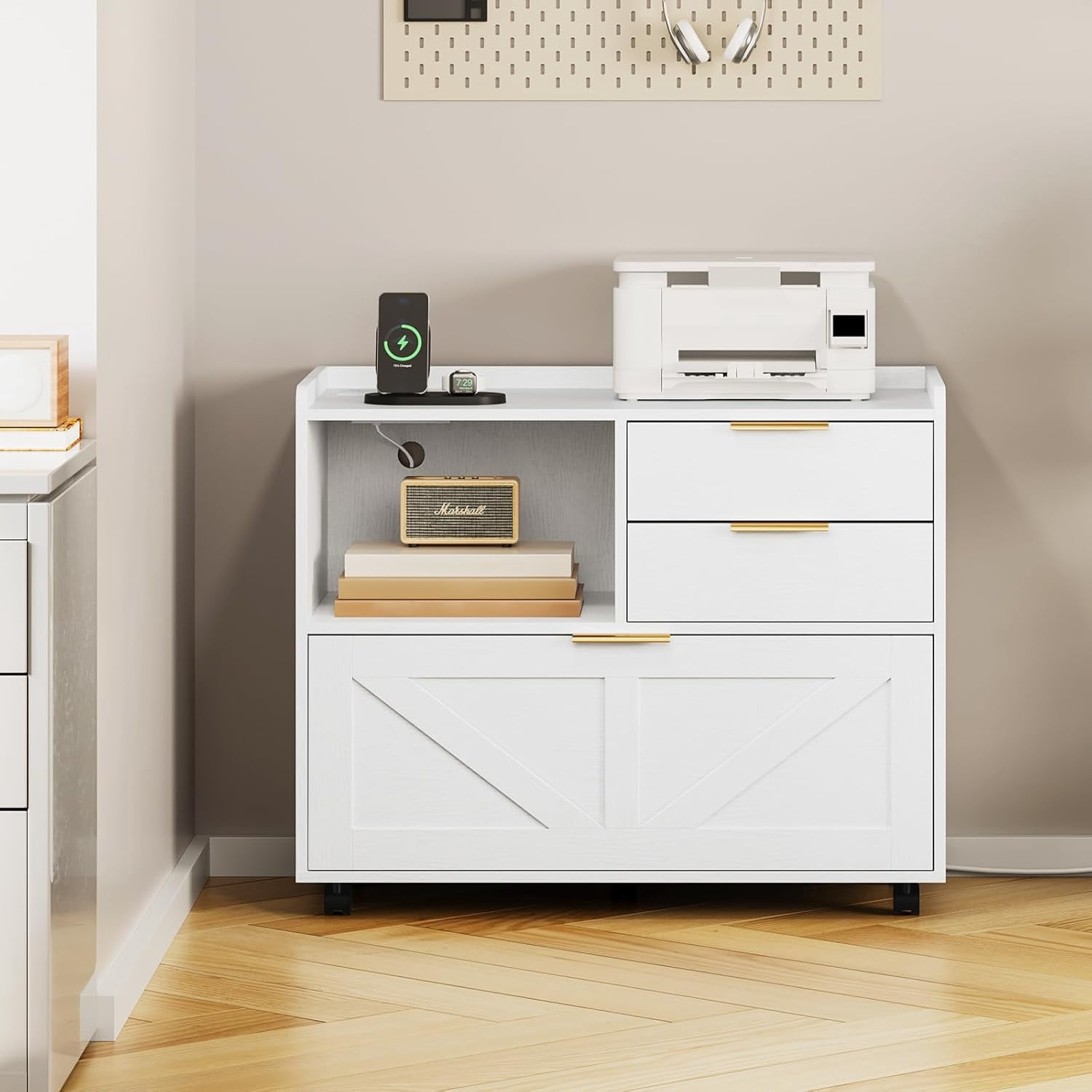 HOOBRO Rolling Wooden Lateral File Cabinet with Charging Station, Printer Stand & Open Storage, White
