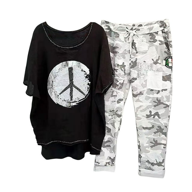 DPTALR Ensemble de Haut à Col Rond Imprimé à Manches Mi-Longues + Pantalon pour Femmes