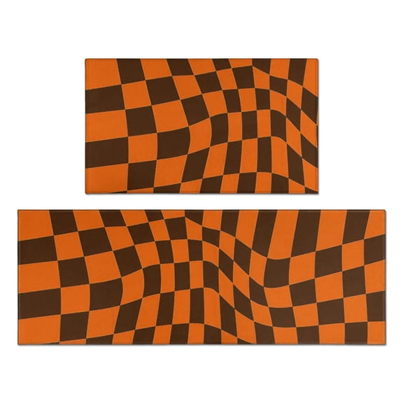 Orange and Brown Wavy Checkered Anti Fatigue Kitchen Rugs Set Of 2, Non Slip Washable Decorative Floor Mats for Kitchen Sink Laundry, 17"x30" and 17"x47"