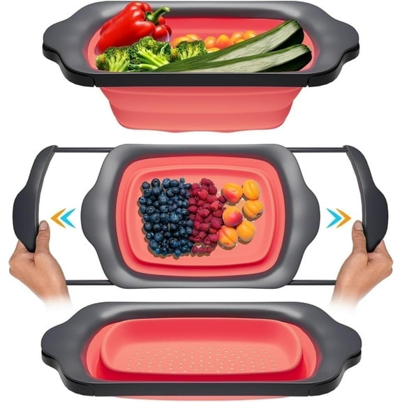 Comfify XL Collapsible Over-the-Sink Colander, Silicone, 6-Quart Capacity, Extendable Handles, Coral