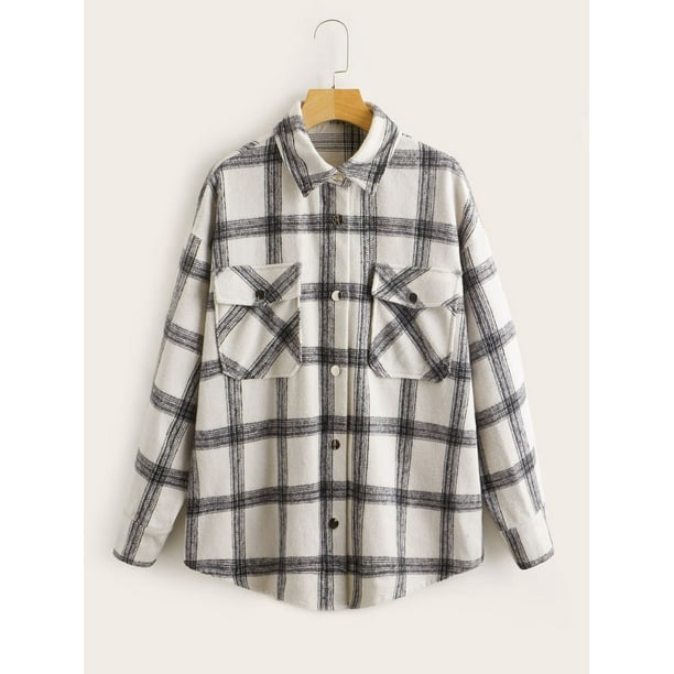 plaid flap pocket drop shoulder jacket