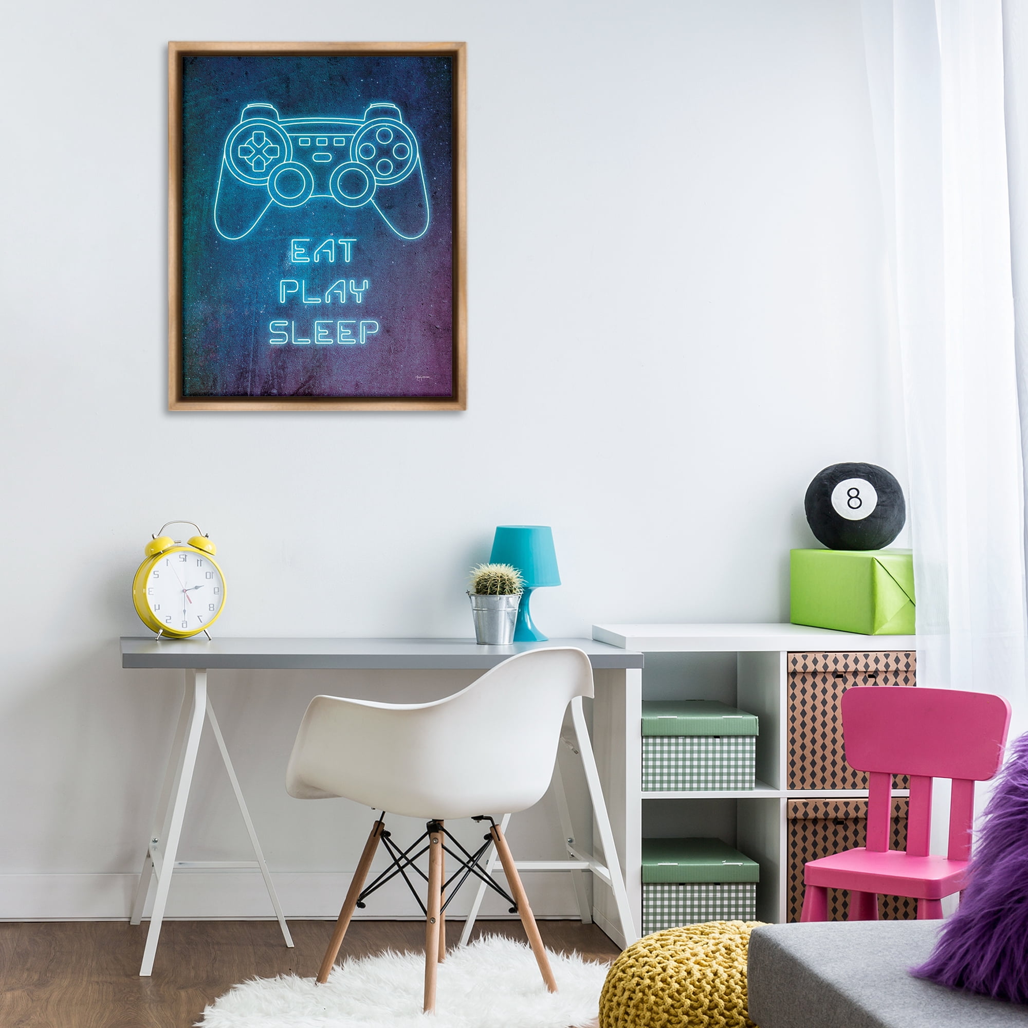 Stupell Industries Eat Play Sleep Neon Typography Painting Brown Floater Framed Art Print Wall Art, 25 x 31