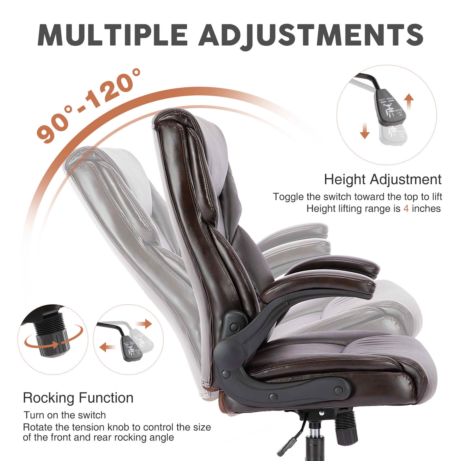 MAYEERTY PU Leather Executive Office Chair with Flip-up Adjustable Armrests, Lumbar Support, Heavy Duty Metal Base Computer Desk Chair