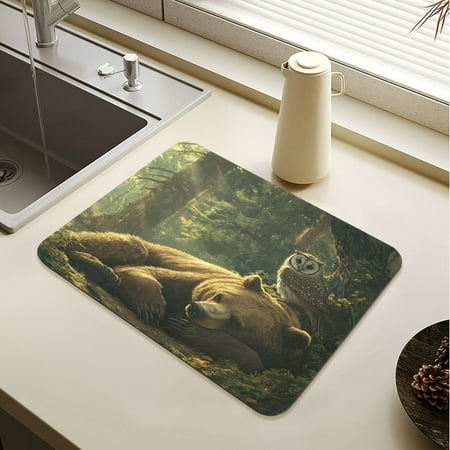 

Wobogo Brown Bear Owl Resting Together Dish Drying Mats Diatomaceous Earth Super Absorbent Non-slip Rubber Sole 19.7×15.7in
