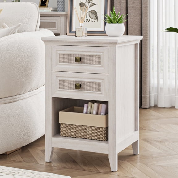 Mintazer Farmhouse Rattan Nightstand, Bedside Table with 2 Drawer & Open Storage Compartment, Accent End Table for Bedroom & Living Room, White