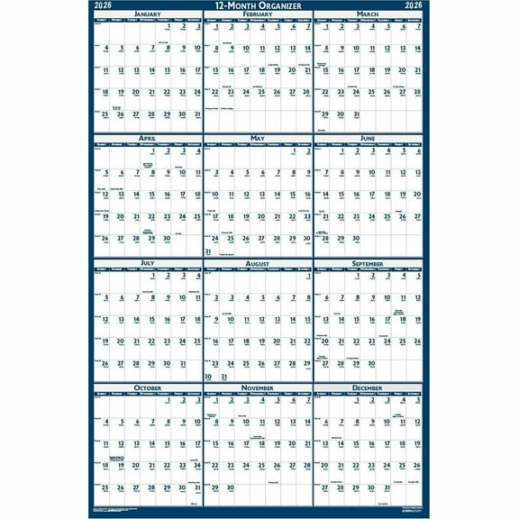 House of Doolittle 3961 12-Month (Jan to Dec): 2026 32 in. x 48 in. Recycled Poster Style Reversible/Erasable Yearly Wall Calendar - White/Blue/Gray Sheets