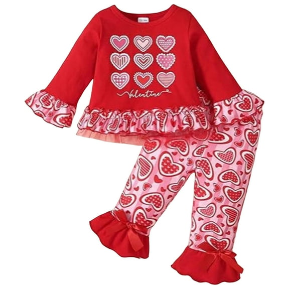 Ulanda Toddler Girl Valentines Outfit Baby Ruffle Sleeve Shirt Flared Pant Set St Patricks Day Clothes (Red, 4-5 Years)