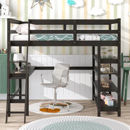 Solid Wood Loft Bed with Desk, Multifunctional Loft Bed with Desk, Ladder, Shelves, Wooden Loft Bed with Storage, Kids Loft Bed with Ladder, No Box Spring Needed(Espresso)