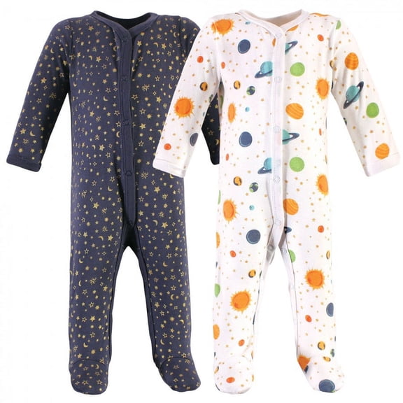 Hudson Baby Infant Boy Cotton Snap Sleep and Play 2pk, Space, 0-3 Months