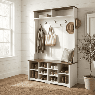 Modern Farmhouse Hall Tree 31.5'' Wide with Bench and Shoe Storage
