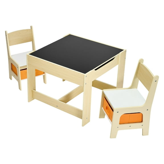 KFFKFF Kids Table and 2 Chairs Set with Storage, Wooden Toddler Table and Chair Set for Art, Craft, Reading, Learning, and Drawing, Includes Storage Space under Table and Chairs, Burlywood