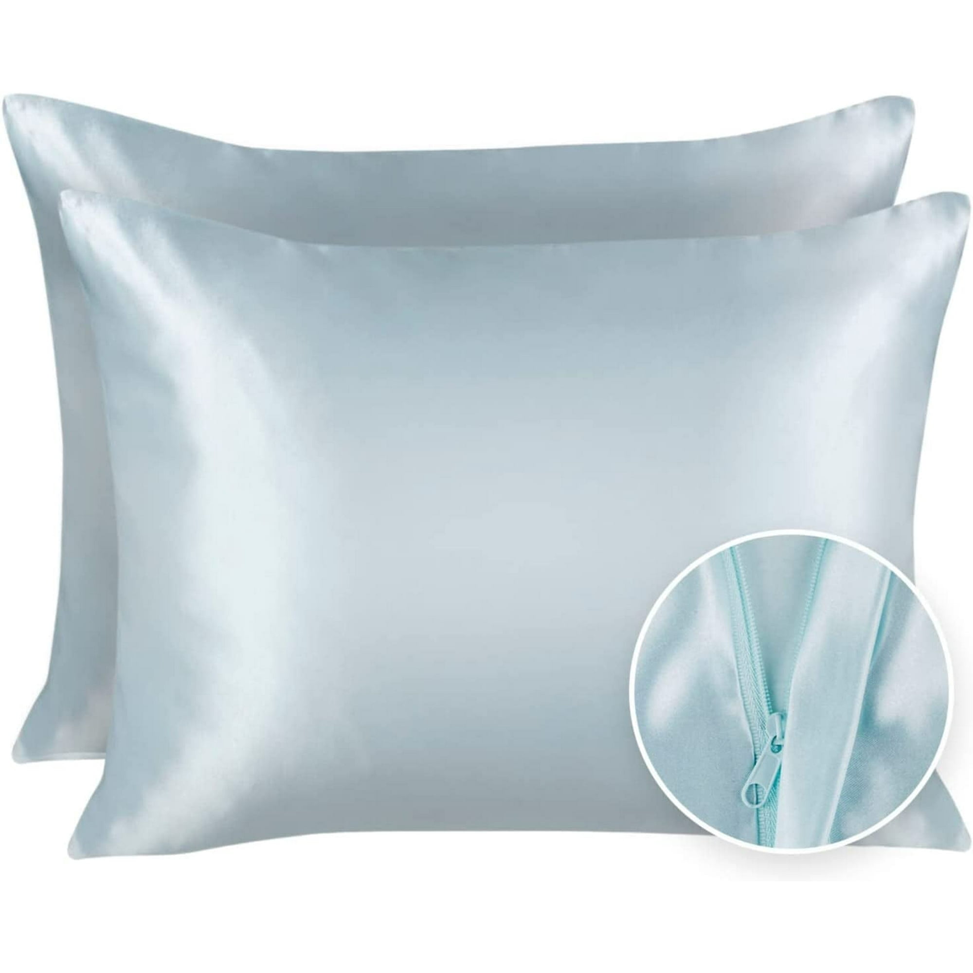 BLISSFORD Satin Pillowcase with Zipper, for Hair and Skin Care, Feels Soft and Cool Like a Silk Pillowcase, Satin Pillow Cases 2 Pack, Silk Pillow Cover, Baby Blue - Queen Size, Set of 2