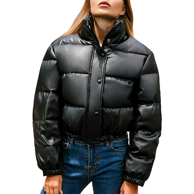 FOCUSNORM Women Juniors Long Sleeve Stand Collar Solid Color Cropped Puffer Jackets