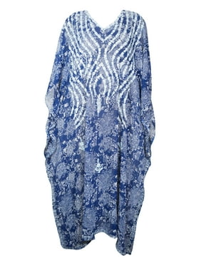 Mogul Women Caftan Maxi Dress, Beach Cover Up, Bohemian Blue White Paisley Print Lounger Maxi Dresses Plus Size, L-4X