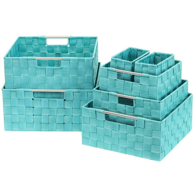 Sorbus Caja de Almacenamiento, Cesta Tejida, Contenedor, Cubo Organizador, Juego de Cestas Apilables, Organizador de Estantes con Correa Tejida, Asas Integradas (7 Pzas - Aguamarina)