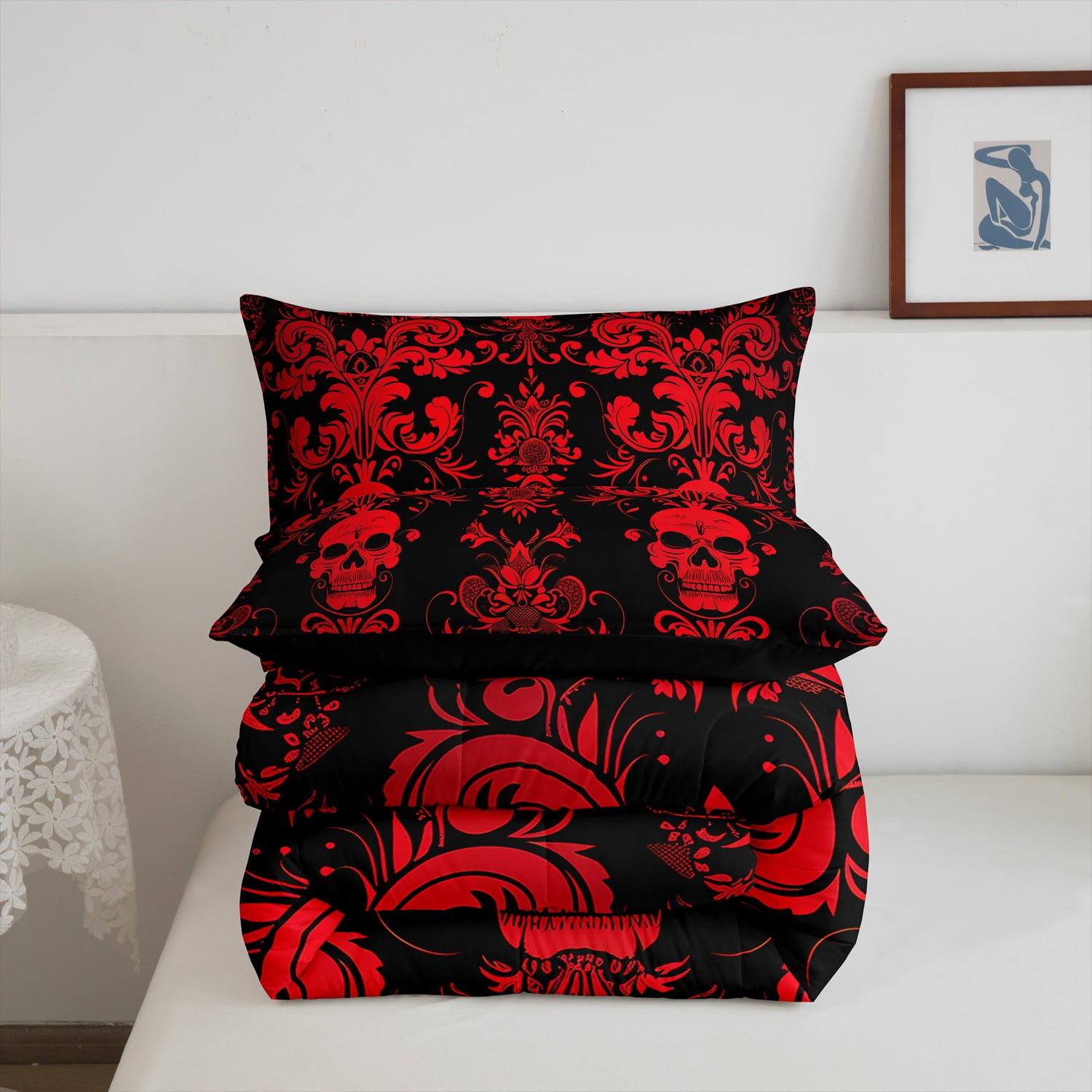 Adults Red Damask Bedding Set Antique Victorian Baroque Comforter Set Full Size,Gothic Vintage Floral Quilt Exotic Sugar Skull Duvet Insert,Gothic Bone Skeleton Bohemian Decor,Black