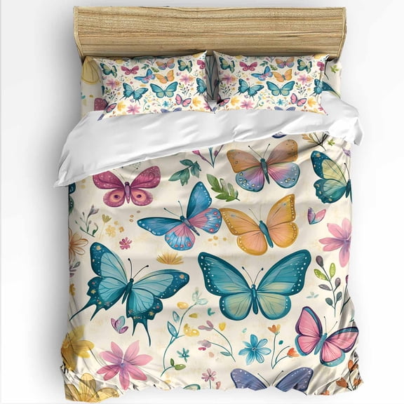 Retro Butterfly King Size Comforter Set, Watercolor Flower Leaves Linen Texture Soft Bedding for All Seasons, 4 Pcs Bed Set with 1Comforter (90"x106") ,1 Sheet(94"x116"), 2 Pillowcases (19"x35")