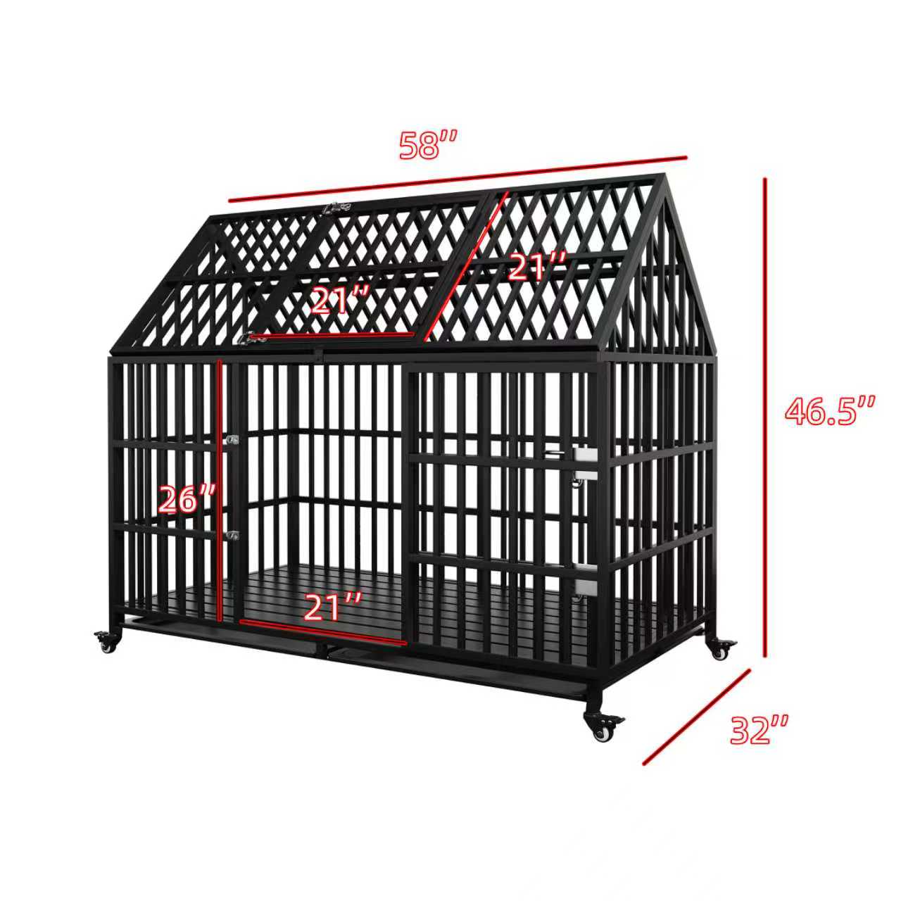 58 inch Heavy Duty Indestructible Dog Crate, Escape Proof Dog Cage Kennel with Lockable Wheels, High Anxiety Double Door, Extra Large Crate Indoor for Large Dog with Removable Tray