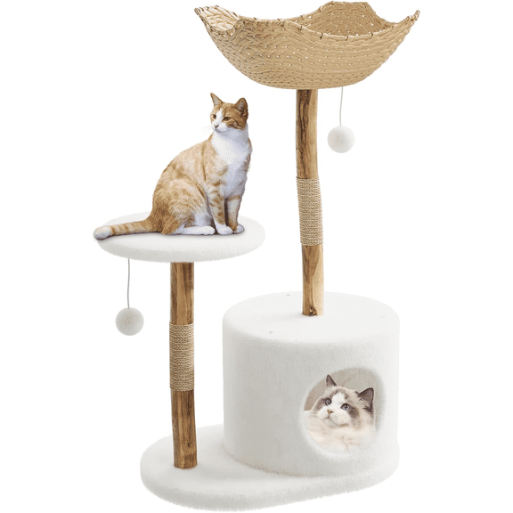 43" Modern Cat Tree - Natural Wood Aesthetic Cat Tower with Large Basket, Real Branch Scratching Posts & Dual Perches, Luxury White Cat Furniture for Indoor Cats