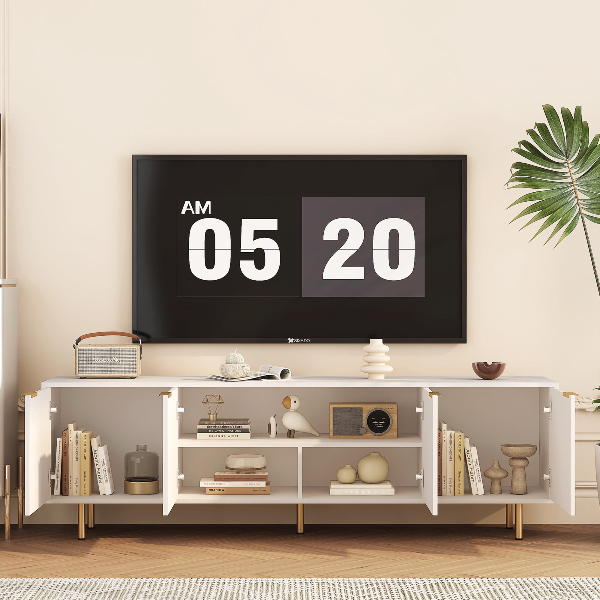 HIUU White Modern Fluted TV Stands for Living Room, Entertainment Center with 4 Doors Cabinet Storage,Console Table Metal Adjustable Legs for 65''TV