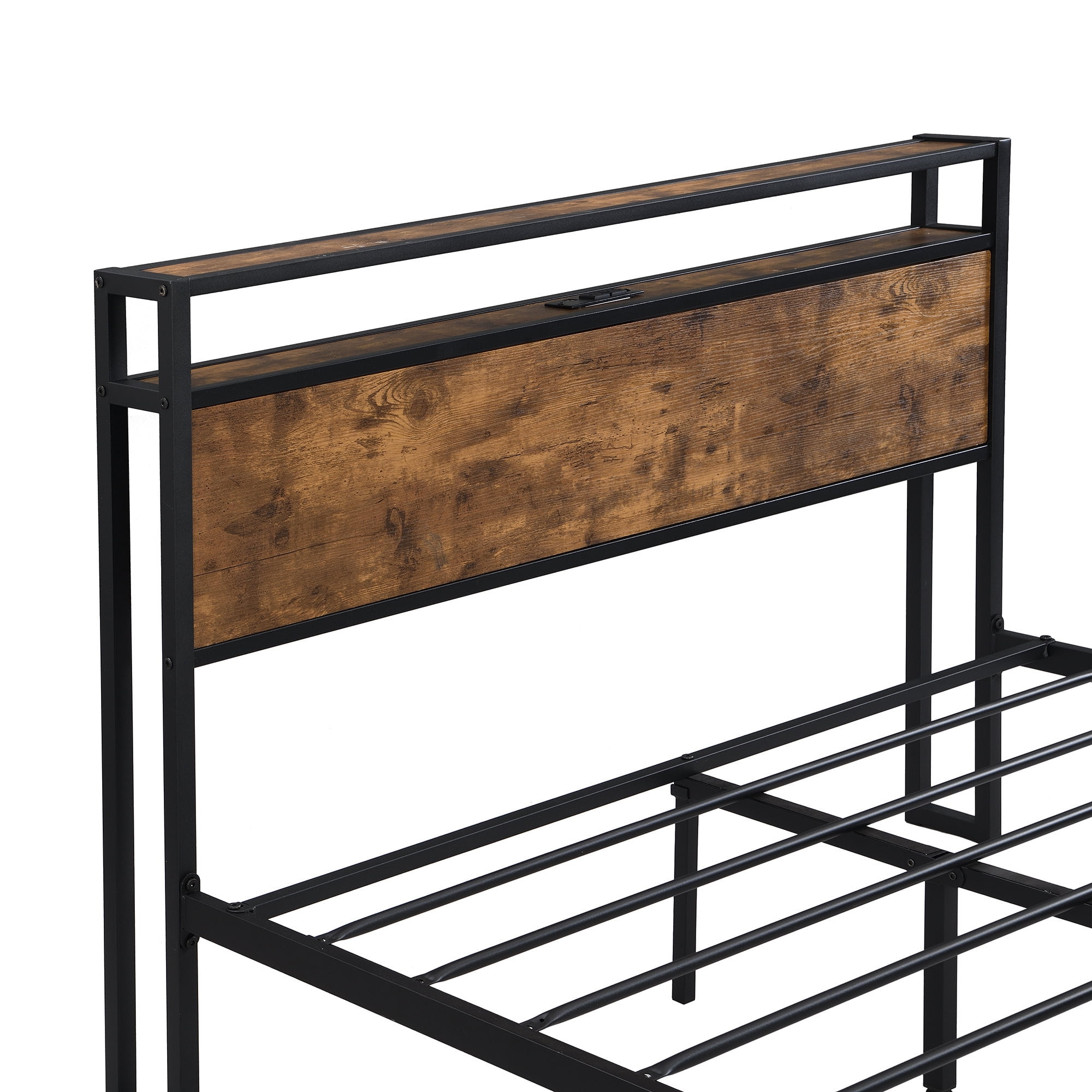Aukfa Metal King Size Bed Frame with USB Charge Port&2-Tier Wood Storage Headboard Shelf, Black