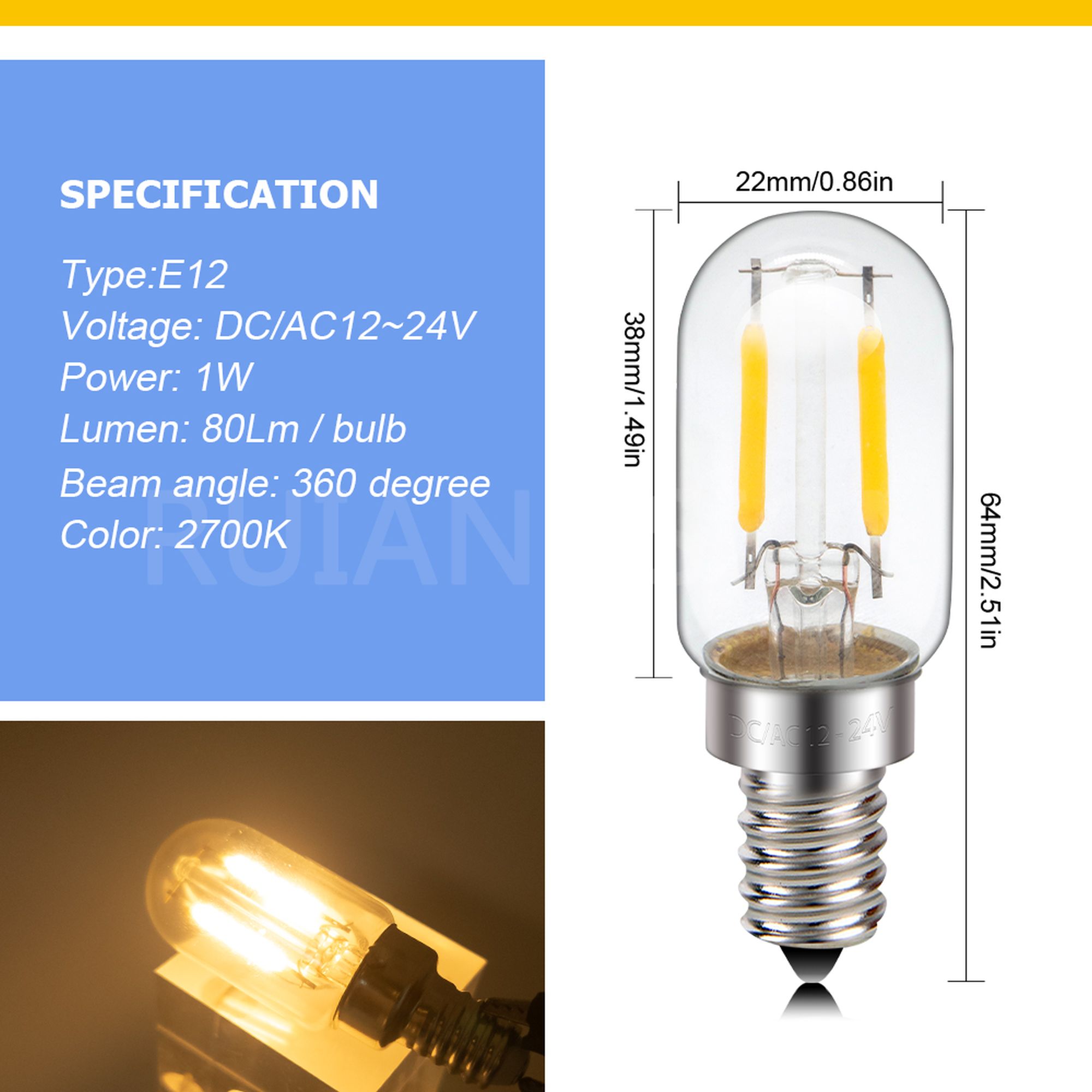 Ruiandsion E12 LED Filament Bulb, 12V 1W 80LM 2700K Warm White, Waterproof for Vanity Mirror Candleholder String Lights, 10 Pcs