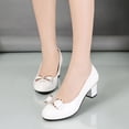 thumbnail image 5 of hoksml Women's Bow Accent Block Heel Pumps, Round Toe PU Leather Dress Shoes for Work Party Wear Black Beige White, 5 of 9
