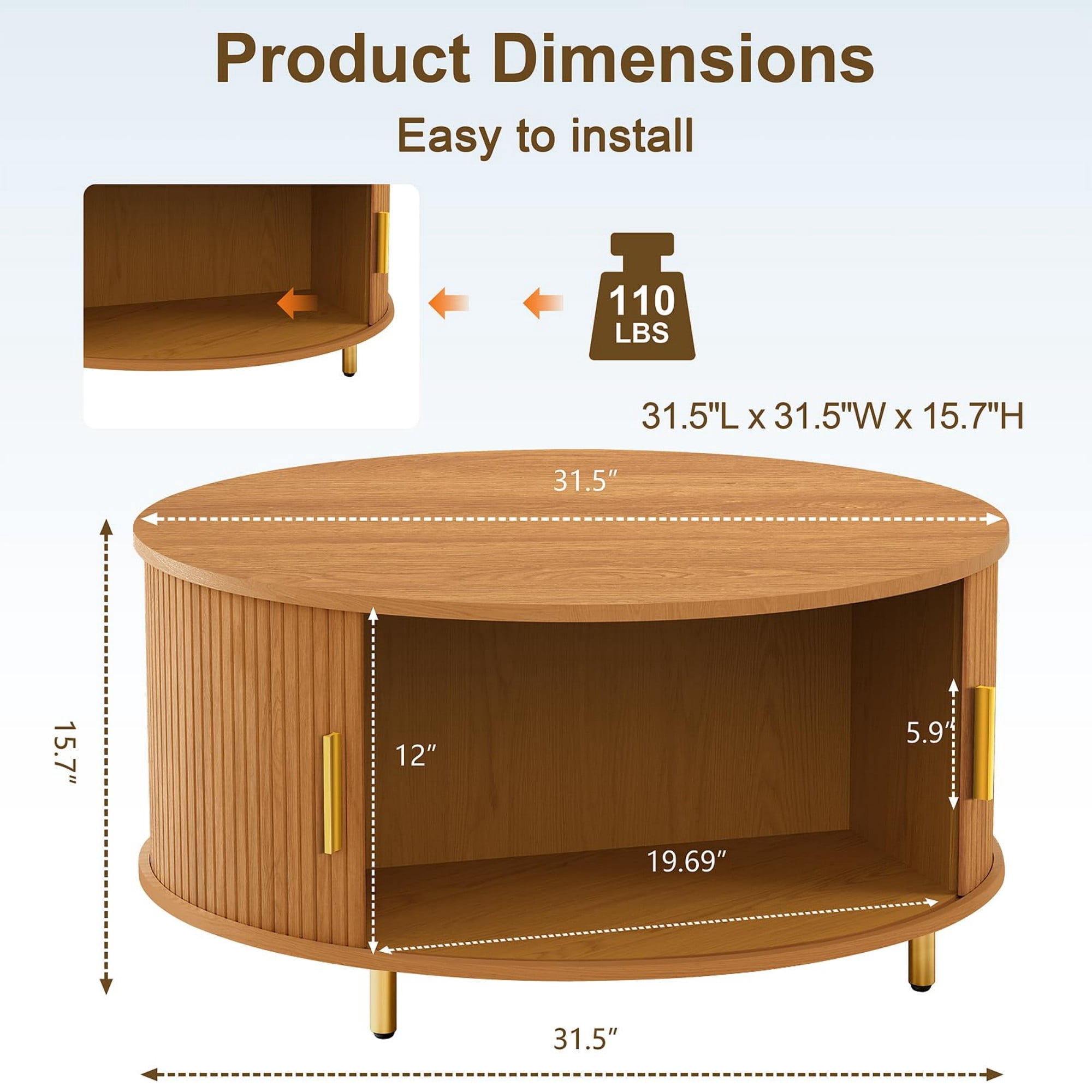 31.5" Round Coffee Table, Mid Century Modern Fluted Coffee Table with 360° Sliding Tambour Door & Storage, Yellow