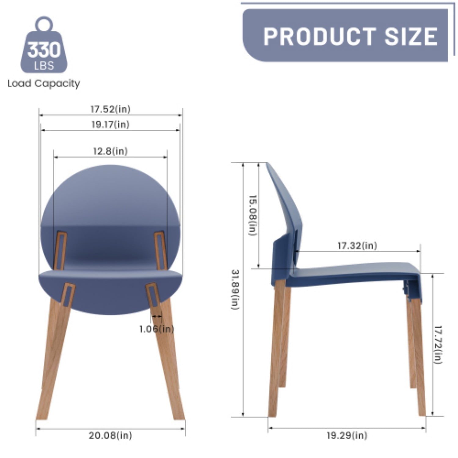 Dining Chairs Set of 4, Modern Kitchen Chairs with PP Seats & Solid Red Oak Wood Legs, 330 lb Capacity, Indoor Dining Room Living Room Chairs, Gray Blue