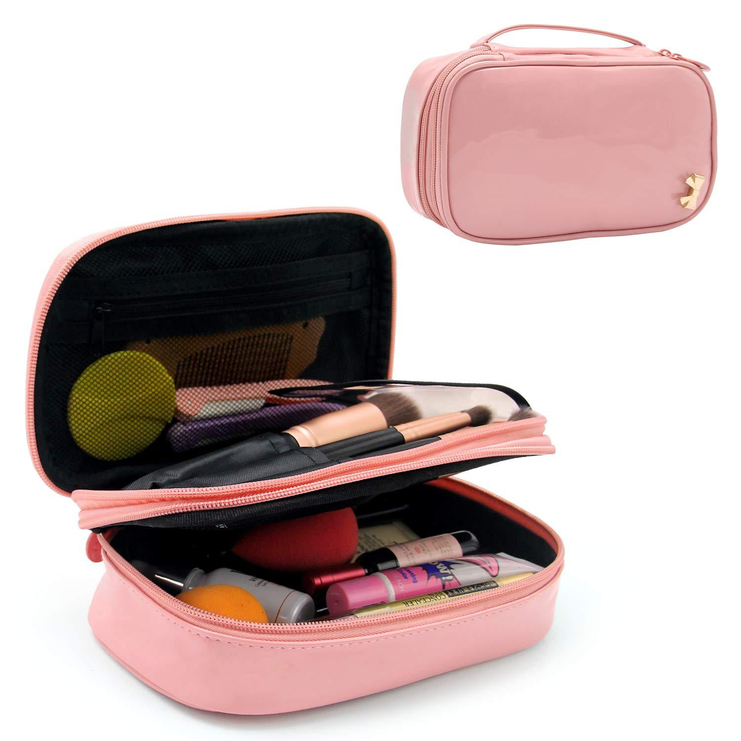 Relavel Makeup Organizer, Waterproof Small Makeup Bags, 2-layer Cosmetic  Bag, Compact Pouch with Makeup Brush Holder, Toiletry Bag for Women, PU