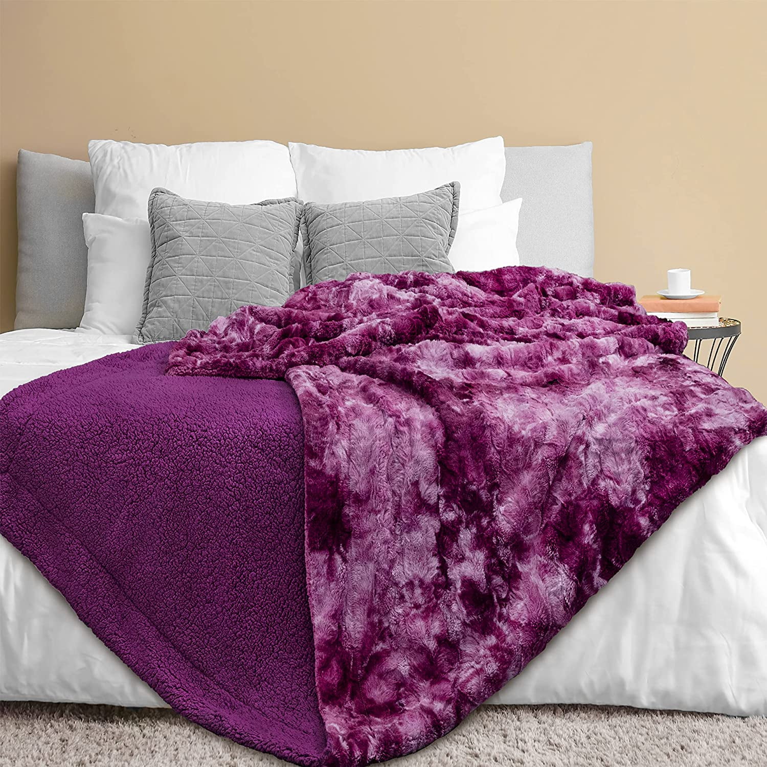 PAVILIA Soft Fuzzy Faux Fur Bed Blanket, Queen Purple Plum, Fluffy