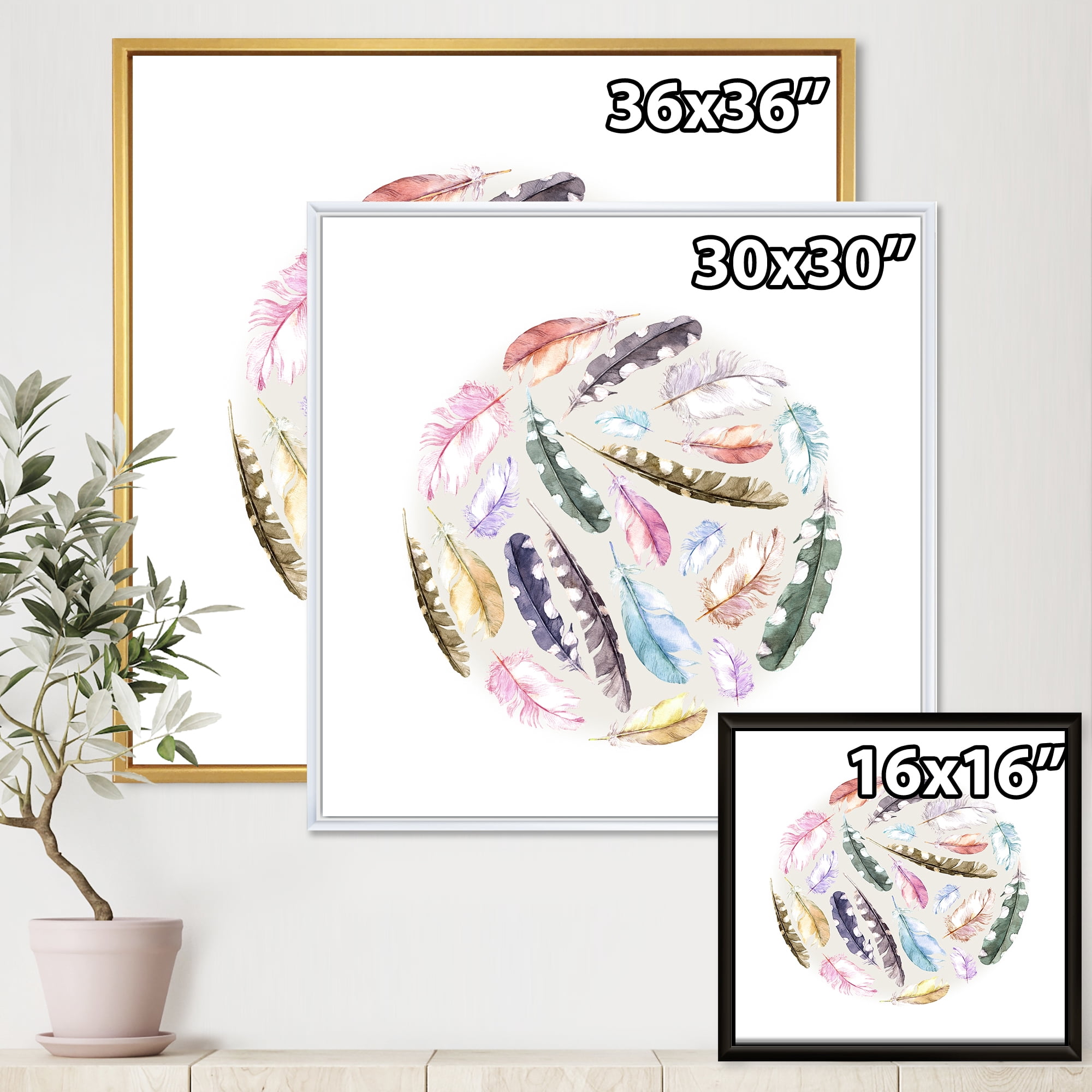 Designart 'Ancient Bird Feathers In Circle' Traditional Framed Canvas Wall Art Print