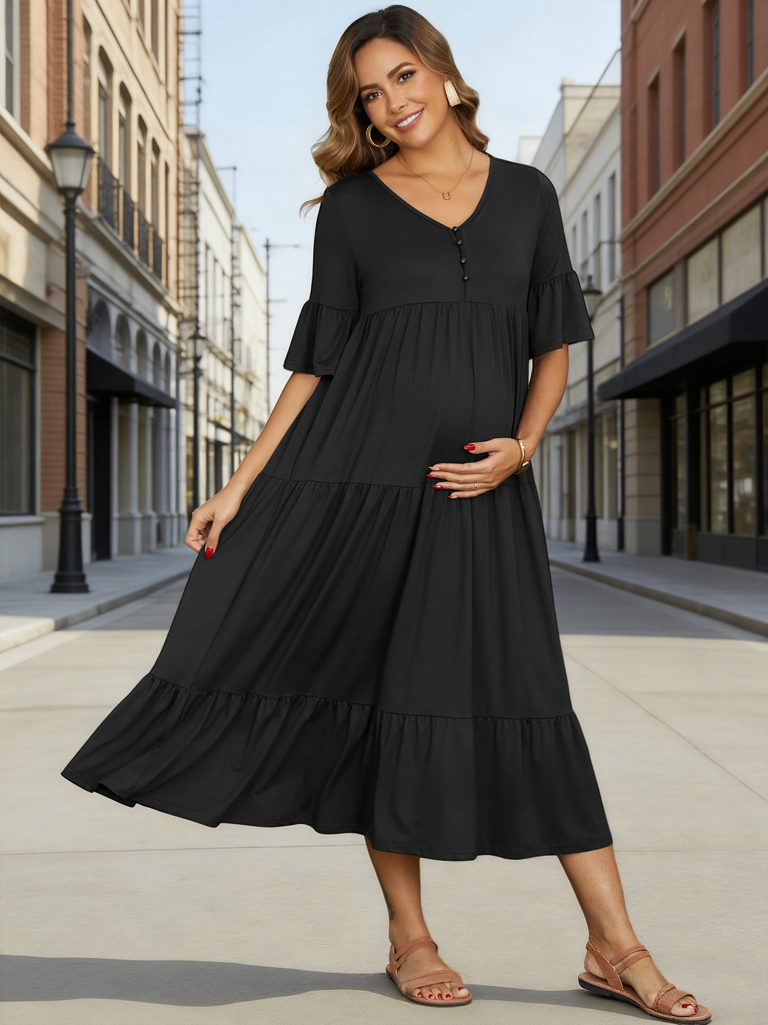 DARING DIVA Women's Maternity Short Sleeves Ruffled Sleeve Maxi Dress M Black