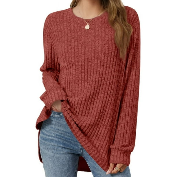 Blusa Tipo Túnica Informal con Cuello Redondo y Ligera para Mujer, Color Rojo Ladrillo L