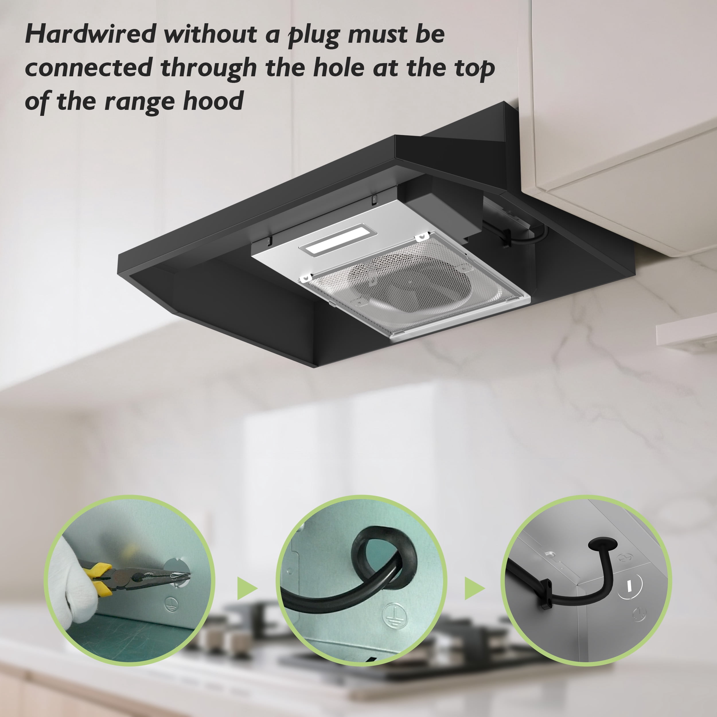 FIREGAS Black Range Hood 24 inch Under Cabinet Range Hood with 2 Speed Exhaust Fan,Ducted/Ductless Convertible,Rocker Button Control,300 CFM,Aluminum Filter