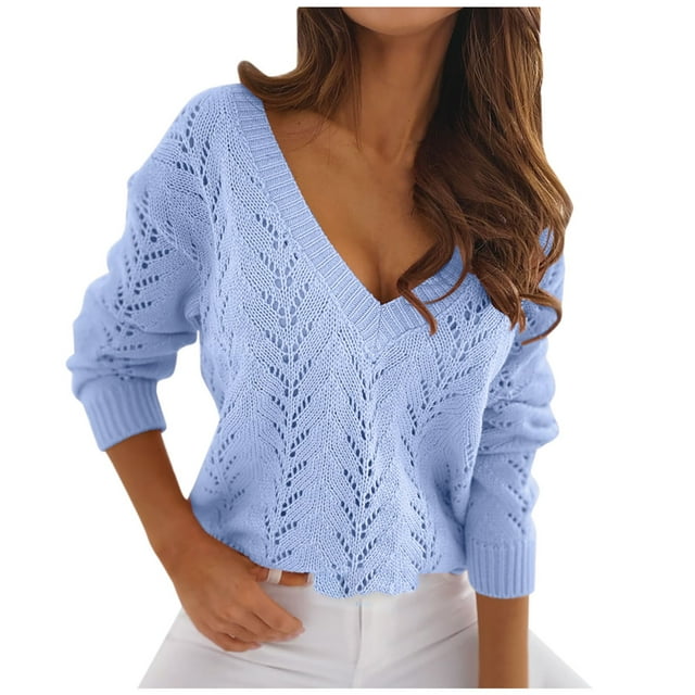 KIHOUT Spring Winter Womens Tops V-Neck Solid Color Hollow Out Recreational Thin Pullover Long Sleeve Sweater Tops