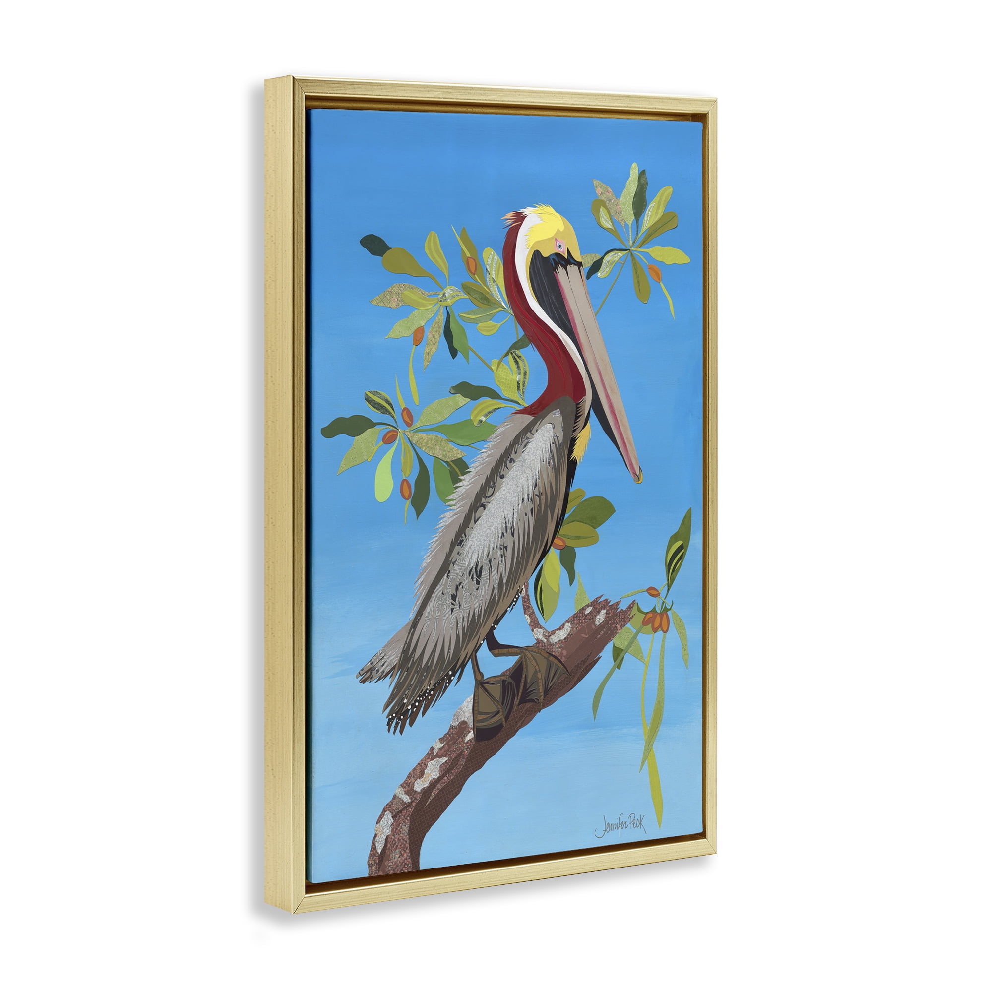Stupell Industries Brown Pelican on Tree Animals & Insects Painting Gold Floater Framed Canvas Art Print Wall Art, 17 x 25