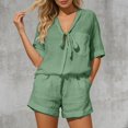 thumbnail image 2 of XFeng Linen Shorts Sets Women 15 Piece V Neck Breathable Loose Fit Outfits Summer Lounge Sets for Travel Beach Vacation,Green,S, 2 of 4