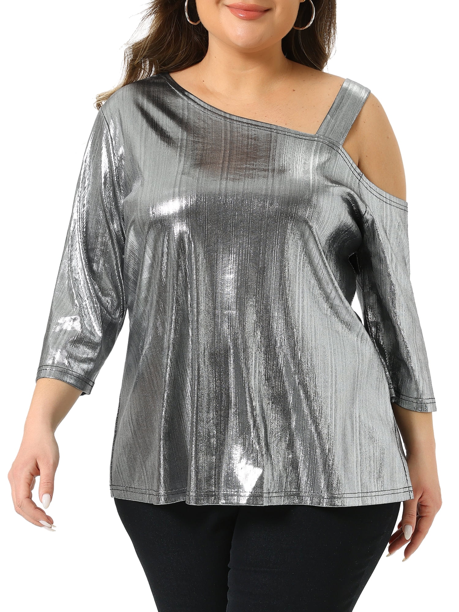 DARING DIVA  Women's Plus Metallic One Shoulder 3/4 Sleeve Shiny Blouse 2X Silver