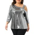 thumbnail image 2 of DARING DIVA  Women's Plus Metallic One Shoulder 3/4 Sleeve Shiny Blouse 2X Silver, 2 of 6