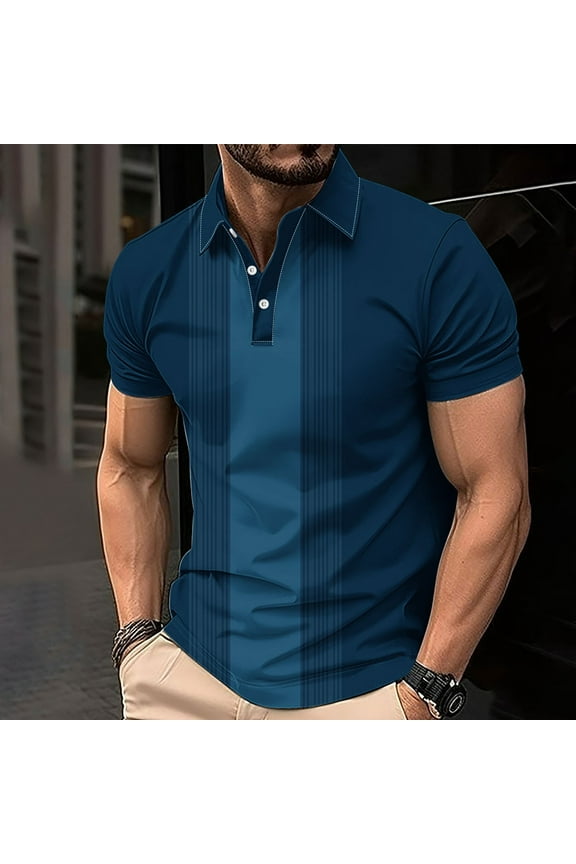 Mens Polo Shirt, Casual Collared Button Print Summer Men's T Shirt Blue