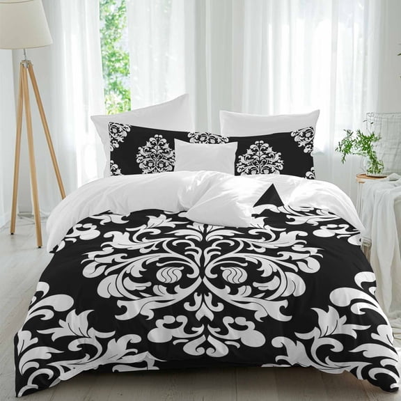 Classical Floral Queen Size Comforter Set, Black Retro Symmetrical Texture Bedding for All Seasons, 4 Pcs Bed Set, 1Quiltcover (90"x92") ,1Sheet(94"x116"), 2Pillowcases (30"x20")